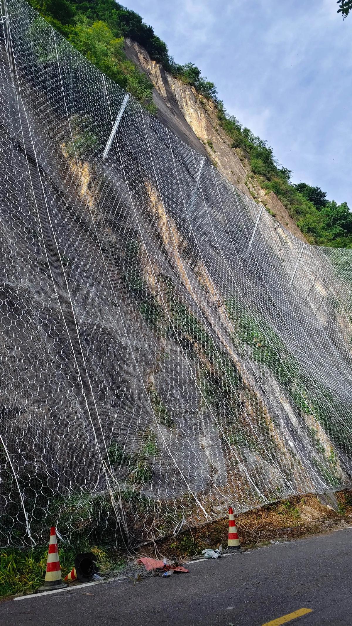 Slope protection netting installed on steep hillside near road
